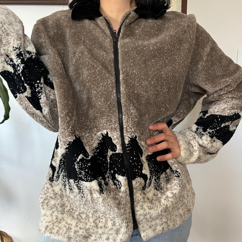 Vintage Equine Horse‎ Scenic Fleece Zip Jacket Brown Cozy Outerwear Large